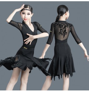 Black lace flowers back latin dance dress for kids girls modern salsa dance dress abito da ballo latino in pizzo nero per bambini