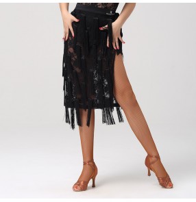 black Lace Latin dance wrap hip scarf skirt for women fringed lace tie hip skirt for female 