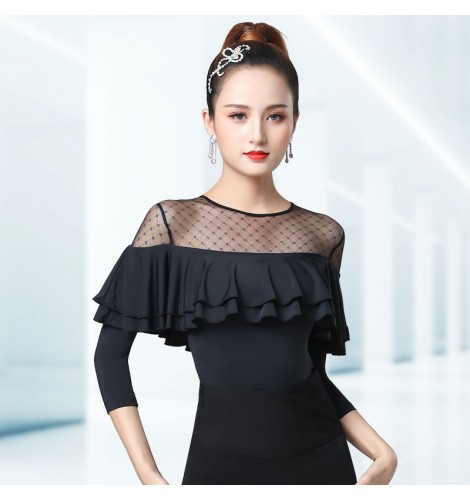 Black lace see through ruffles neck latin dance tops for women female ...