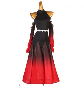Black Red Gradient Ballroom Dancing Dresses for women girls hollow shoulder long sleeves waltz tango foxtrot Smooth dancing Skirts with lace sashes for Female