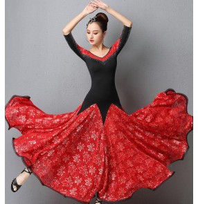 Black red lace competition ballroom dance dress for women competition rhinestones stage waltz tango dance dresses