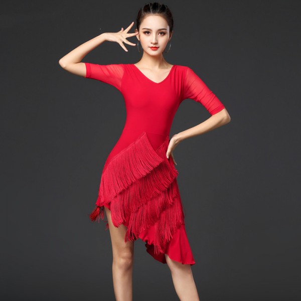 Women black red tassels v neck long sleeves latin dance dresses for female  salsa rumba chacha dance fringe dresses