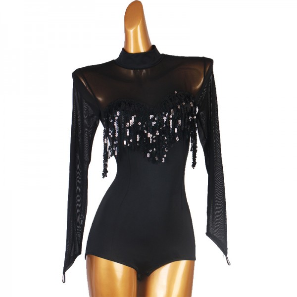 Black sequins tasssels ballroom latin dance bodysuits stage performance ...