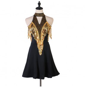  Black with gold fringes diamond competition latin dance dresses for women salsa rumba chacha dance dress costumes