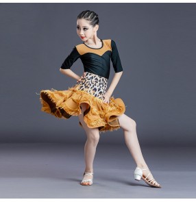 Black with leopard girls latin dance dress tassels latin ballroom dance costumes for kids 