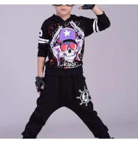 Black with skull pattern fashion boys kids children student stage performance hip hop fashion hoddies sportswear street dancing outfits costumes