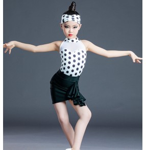Black with white polka dot latin dance dress for girls kids children ballroom dance costumes salsa rumba dance wear for childrne