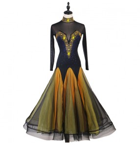 Black with yellow rhinestones ballroom dancing dresses for women female waltz tango dance dress 