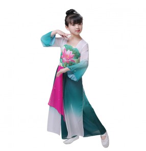 Blue gradient chinese folk dance dress for girls kids china classical dance costumes hanfu fairy yangko umbrella performance dress for girls