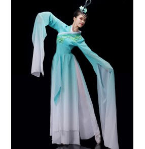 Blue gradient color Chinese traditional Classical folk dance costumes for women girls fairy Hanfu Jinghong Dance waterfall Sleeve Dance Costume for female