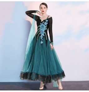 Blue red diamond Competition ballroom dance dresses for women waltz tango floral foxtort smooth dance dresses for female 