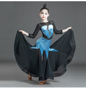 Blue with black velvet ballroom dancing dress for girls kids modern dance waltz tango dance dress ballroom dance costumes for children