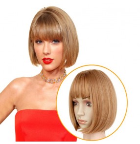 Bobo wig synthetic blonde black short length straight wig with bangs for women drama cosplay or daily use