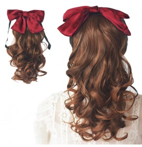 Bowknot Ponytail wig ffor women girls stage performance bow tie long curly hair ponytail curly wavy hair piece for photos shooting