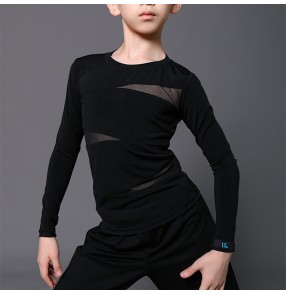 Boy black white Latin dance shirts kids long-sleeved shirt boys ballroom performance competition clothes professional training tops