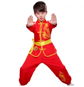 Boy girls red colored chinese dragon wushu kungfu uniforms children martial taichi stage performance china performing costumes
