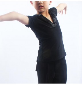 Boy kids black v neck latin ballroom dance shirts stage performance ballroom waltz tango dance tops shirts