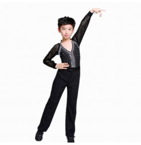 Boy modern dance latin dance shirts and pants kids children black royal blue stones stage performance competition ballroom dance tops and pants sets