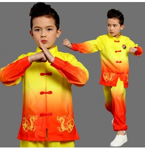 Boy red with gold kids dragon wushu costumes chinese kungfu taichi uniforms stage performance costumes