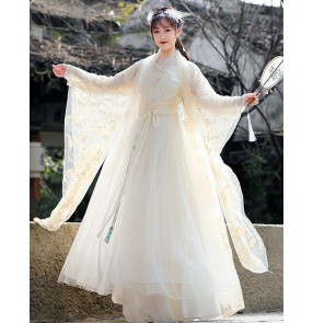 Champagne Hanfu for women Chinese ancient traditional Tang Han Qing Ming costume Lace embroidery fairy princess cosplay dresses photos shooting costume