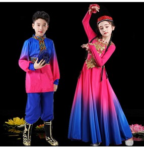 Children blue with pink color Xinjiang Dance Costume girls Chinese folk dance dresses Ethnic minority performance costumes Uyghur opening dance costumes