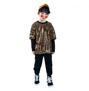Children boy girls gold silver sequined with black hip-hop drum street rap dance performance costumes modern jazz dance outfits boys model show costumes