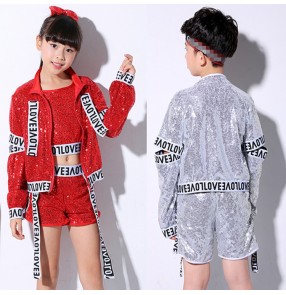 Children boys girls silver red sequin jazz dance costumes sequin street hiphop gogo dancers cheerkleaders stage performance tops and shorts