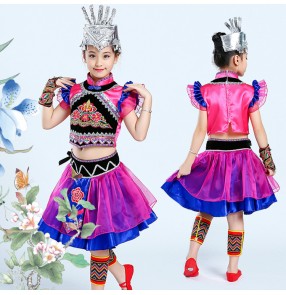 Children Chinese folk dance costumes girls ancient traditional Hmong miao minority stage performance dresses