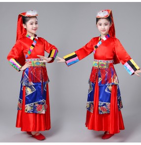 Children chinese folk dance costumes minority Tibetan dance costumes Girls Tibetan Mongolian stage performance robes