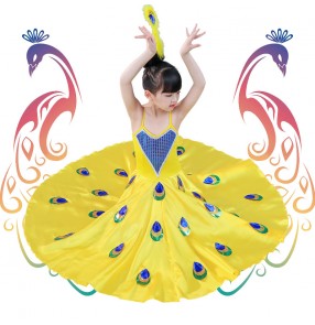 Children chinese folk dance costumes peacock dance skirts modern dance dresses dai minority thailand style performance dresses for girls