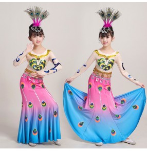 Children chinese folk dance costumes traditional Thailand minority ethnic peacock dance dress mermaid fishtail skirts costumes for girls