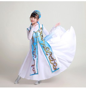 Children Chinese folk dance dresses blue mongolian dance dresses for girls Xinjiang dance costumes girls kindergarten dance Uyghur costumes Kazakh Hui dance dresses