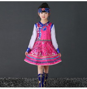 Children Chinese folk Mongolian dance costumes for girls kids fuchsia colored ancient traditional stage performance robes dresses