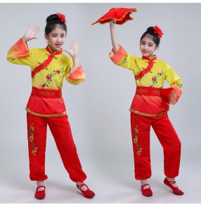 Children Chinese folk yangko fan dance costumes for girls fairy stage performance traditional red with yellow dance clothes dresses