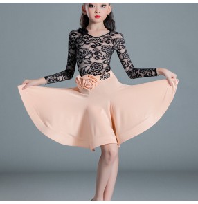 Children Girls black with pink lace Latin dance dresses ballroom performance clothing for Girls professional competition standard latin dance costumes