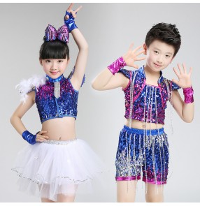Children girls boys modern dance sequin jazz dance costumes royal blue kids singers cheerleaders hiphop stage performance outfits