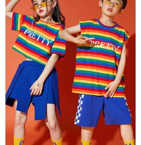 children Girls kids rainbow striped dance outfits for rapper hiphop street jazz dance costumes for Boys Kindergarten Graduation Photo Costume