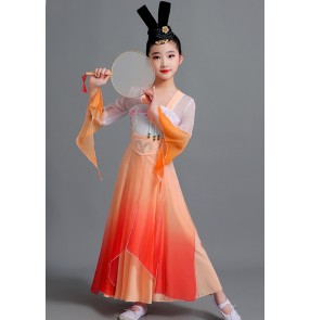 Children girls orange gradient Chinese traditional classical folk dance costumes fairy hanfu cosplay dress Han Tang Dynasty queen empress cosplay dress for kids 