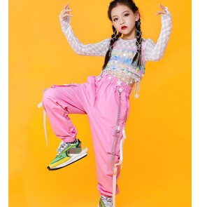Children girls pink with white sequined  jazz dance costume rapper hiphop gogo dancers outfits girls street dance catwalk costumes kids modern dance clothing