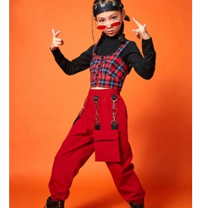 Hip Hop Girls Dance Costume Black Tops Red Cargo Pants Jazz