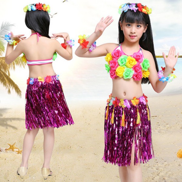 Children hula Hawaiian dance skirts outfits flower grass dresses beach ...