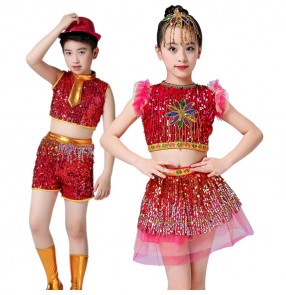Children jazz dance costumes girls boys drummer school show stage performance modern dance sequin dresses costumes