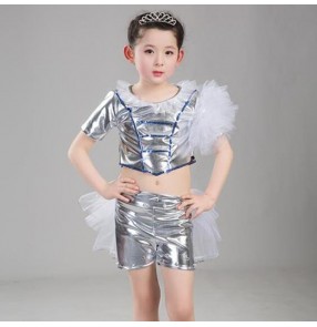 Children jazz dance costumes girls silver gold paillette glitter show hiphop cheerleaders stage performance outfits  