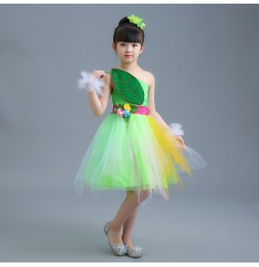 Children jazz dance dresses girls pink green modern dance singer chorus fairy cosplay costumes stage performance competition dancing outfits