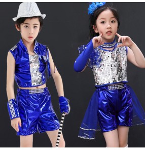 Children jazz hiphop street dance costumes royal blue sequin boys girls school show modern dance gogo dancers outfits dresses