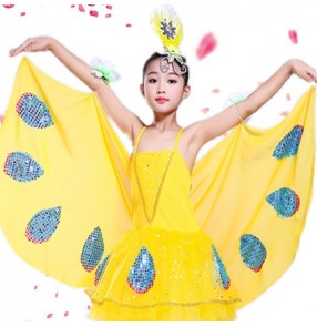 Children jazz modern dance dresses girls yellow butterfly cosplay dresses costumes