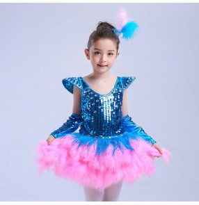 Children kids Sequin turquoise jazz dance hip hop dance costumes princess ballroom dresses dance performance costumes salsa skirt 