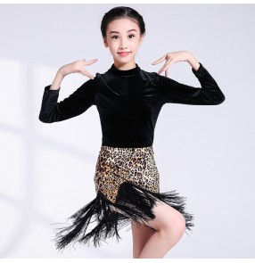 Children latin dresses leopard with black velvet competition ballroom rumba salsa chacha dance costumes tops and skirts