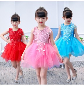 Children modern dance dress red pink blue princess flower girls cosplay jazz singers chorus stage performance costumes 