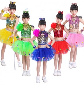 Children modern dance dresses girls princess dress sequin rainbow jazz singers host performance costumes dress